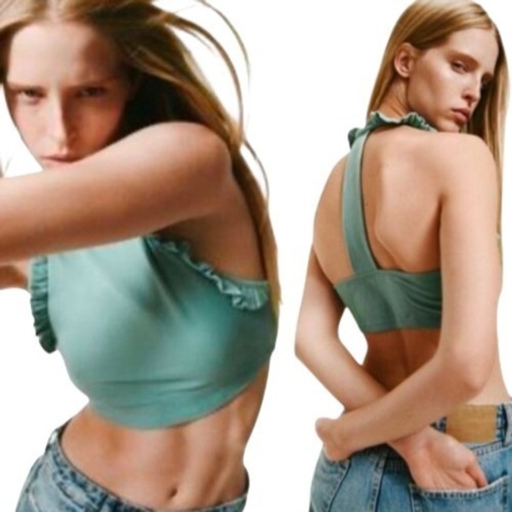 Zara Ribbed Halter Crop Top Ruffle Trim Mint Green Size Large
